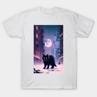 Black yule Cat at night 3 T-Shirt